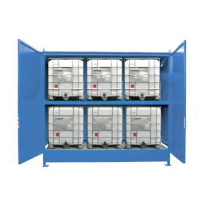 Veszélyesanyag-tároló raktárkonténer, kapacitás 6 x 1000 l-es IBC/KTC konténer