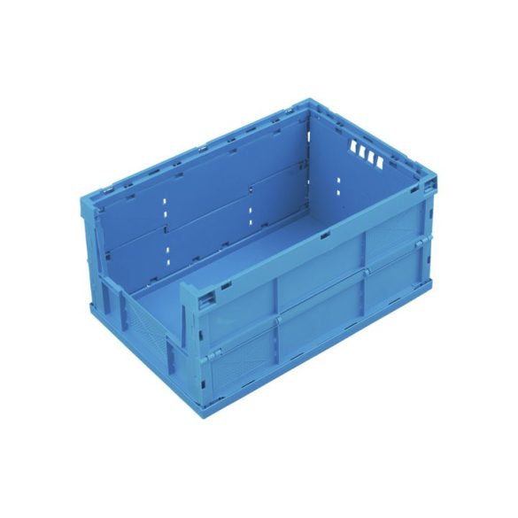 Polipropilén összehajtható doboz, 63 l, 400x600x300 mm, kék, zárt, homlokoldali nyílólappal 