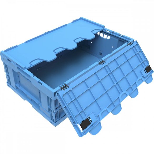 Polipropilén összehajtható doboz, 44 l, 400x600x220 mm, zsanéros fedéllel, kék