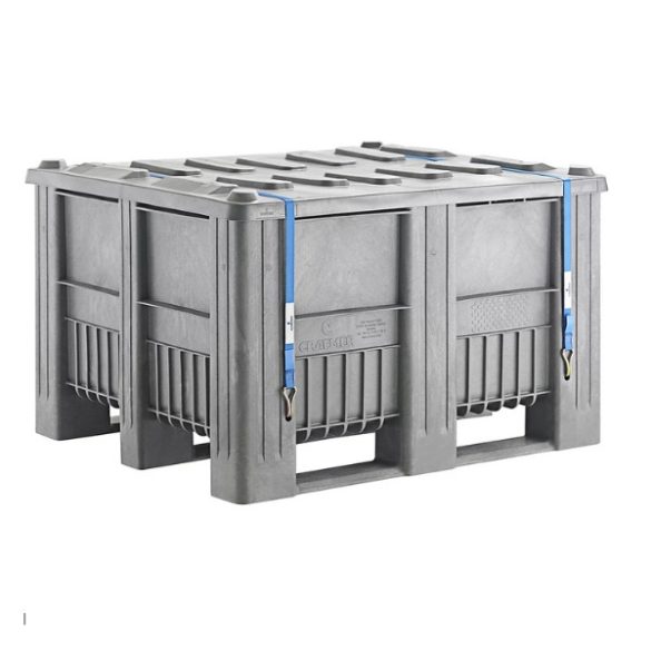 Lítiumos akkumulátor szállító műanyag 3 talpas konténer ENSZ engedéllyel, fedéllel 1200x100x740 mm 610 L