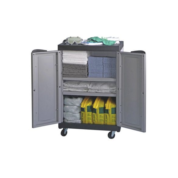 Vészhelyzeti állomás szekrény (650x450x990 mm) szivárgás esetére személyes védőfelszereléssel és válogatott vegyszer- és olajfelitató anyagokka