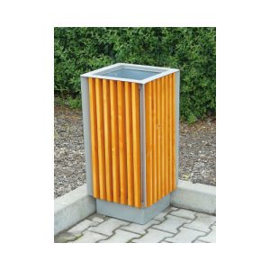 Kültéri fém szemetes kosár fa borítással tartállyal 405x405x800 mm 65 L