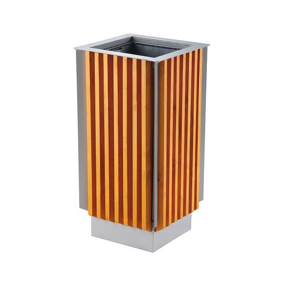 Kültéri fém szemetes kosár fa borítással tartállyal 405x405x800 mm 65 L
