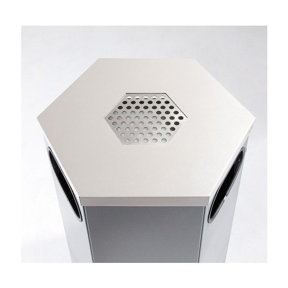 Hatszögű kültéri fém hulladéktároló, 3 bedobó nyílással 80 L, 520x453x1000 mm