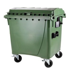  1100 L-es nagyméretű hulladékgyűjtő lapos tetejű műanyag konténer (zöld)