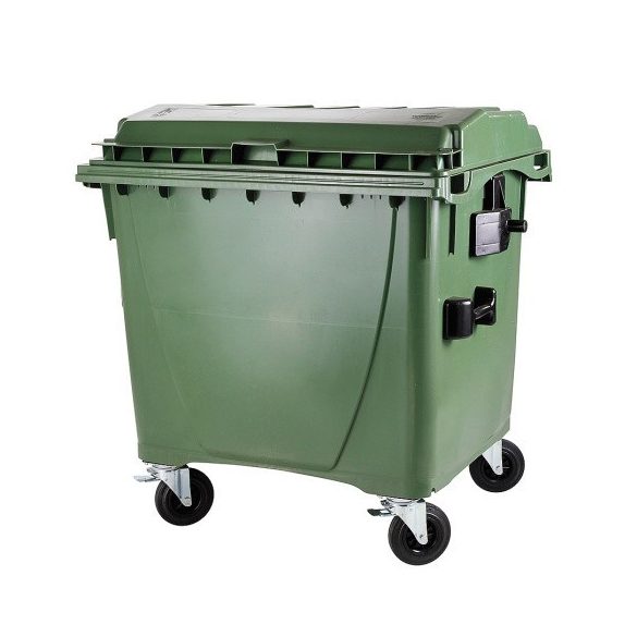 1100 L-es nagyméretű hulladékgyűjtő lapos tetejű műanyag konténer (zöld)