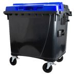   1100 L-es nagyméretű hulladékgyűjtő lapos tetejű műanyag konténer (fekete/kék)