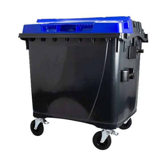 1100 L-es nagyméretű hulladékgyűjtő lapos tetejű műanyag konténer (fekete/kék)