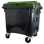   1100 L-es nagyméretű hulladékgyűjtő lapos tetejű műanyag konténer (fekete/zöld)