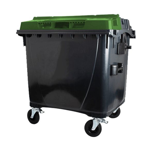 1100 L-es nagyméretű hulladékgyűjtő lapos tetejű műanyag konténer (fekete/zöld)