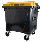   1100 L-es nagyméretű hulladékgyűjtő lapos tetejű műanyag konténer (fekete/sárga)