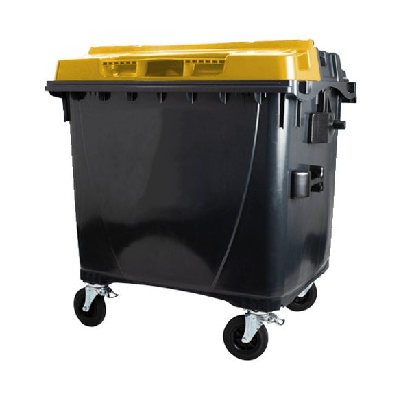 1100 L-es nagyméretű hulladékgyűjtő lapos tetejű műanyag konténer (fekete/sárga)