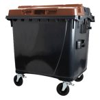   1100 L-es nagyméretű hulladékgyűjtő lapos tetejű műanyag konténer (fekete/barna)