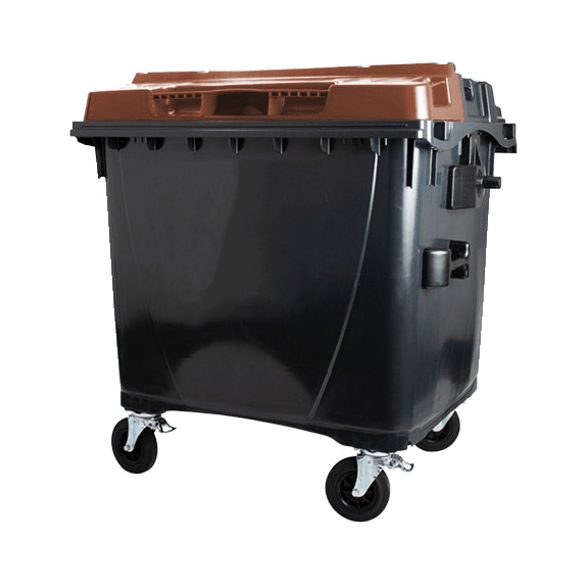 1100 L-es nagyméretű hulladékgyűjtő lapos tetejű műanyag konténer (fekete/barna)