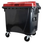   1100 L-es nagyméretű hulladékgyűjtő lapos tetejű műanyag konténer (fekete/piros)