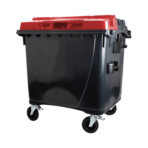1100 L-es nagyméretű hulladékgyűjtő lapos tetejű műanyag konténer (fekete/piros)