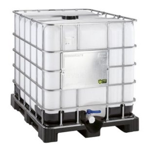 1000 L-es használt IBC tartály nagyüzemileg tisztára mosott, műanyag/fém raklapkereten