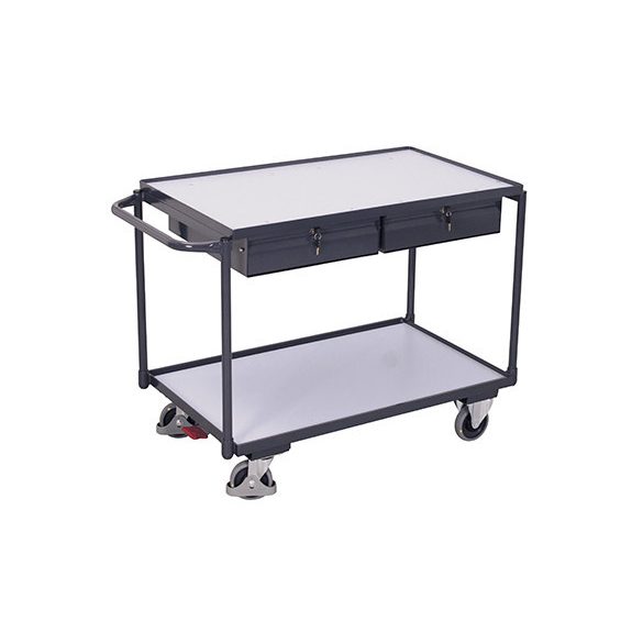 ESD asztalkocsi 2 rakfelülettel és 2 fiókkal, rakfelület mérete: 985 x 590 mm