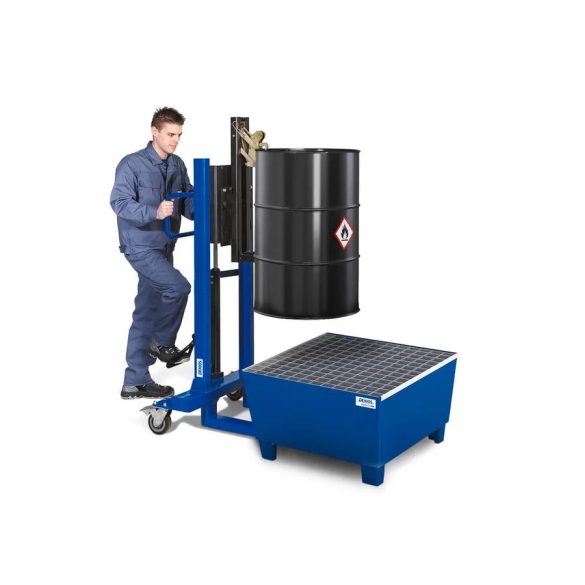 Acél kármentő tálca 1 hordóhoz, 885x815x478 mm, lakkozott, aláfogható, rácsrostéllyal